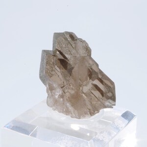 May include: A smoky quartz crystal cluster with a natural, rough texture. The crystal is a light brown color and has a pointed shape. The crystal is displayed on a clear acrylic base.