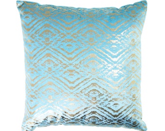 Soft Velvet Metallic Pillow in Teal/Gold, 16x16, Pillow and Cover Included, Hidden Zipper in the Back