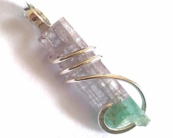 Bi-Color Tourmaline Crystal Pendant, Sterling Silver Wire Wrap