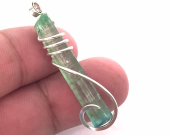 Bi Color Tourmaline Pendant, Sterling Silver Wire Wrapped Necklace, Raw Crystal Pendant, Natural Gemstone Jewelry Gift