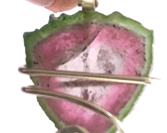 Raw Watermelon Tourmaline Crystal Pendant, Wire Wrapped Necklace (14.50 TCW)