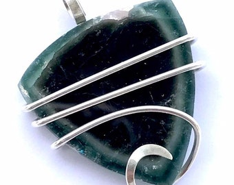 Large Bi‑Color Black & Green Tourmaline Slice Sterling Silver Wire Wrap Pendant