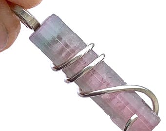 Watermelon Tourmaline pendant Sterling Silver Wrap Pendant, Raw Crystal Jewelry