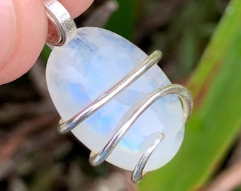 Rainbow Moonstone Wire Wrapped Pendant, Sterling Silver Wire Wrap Necklace, Boho Gemstone Jewelry, Handmade Statement Pendant