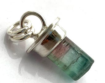 Watermelon Tourmaline Raw Crystal Pendant, Natural Bi-Color Necklace Bail Charm, Gemstone Pendant