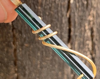 Indicolite Tourmaline Pendant in 14K Gold, Handmade by Me, 32 x 3 mm, Fine Color Jewelry