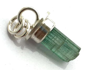 Raw Green Tourmaline Pendant, Sterling Silver Crystal Point Necklace, Natural Uncut Gemstone, Handmade Boho Jewelry
