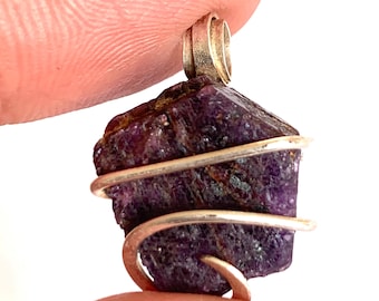 Raw Ruby Slice in Sterling Silver Pendant, Wire Wrapped Boho Necklace