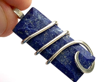 Lapis Lazuli Sterling Silver Wire Wrapped Pendant Natural Blue Gemstone Jewelry