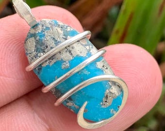 Raw Turquoise Pendant, Sterling Silver Wire Wrapped Natural Stone Necklace Pendant, Boho Handmade Jewelry, Unique Gemstone Pendant