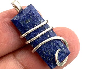 Lapis Lazuli Sterling Silver Wire Wrapped Pendant Natural Blue Gemstone Jewelry