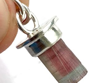 Watermelon Tourmaline Crystal Pendant – Raw Slice Charm in Sterling Silver