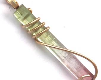 Pendentif en tourmaline pastèque en or 14 carats, collier de cristal de guérison