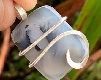 Tree Agate Wire Wrapped Pendant, Sterling Silver Wire Wrap Necklace, Boho Gemstone Jewelry, Handmade Statement Pendant