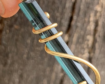 Blue Indicolite Tourmaline Crystal in 14K Gold Pendant