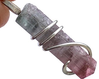 Sterling Silver Watermelon Tourmaline Pendant Necklace, Natural Crystal (27x6mm)