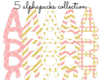 Pink & Gold Alphabets Collection Faux Applique, Sublimation Design Instant Digital Download AlphaPack Font Stripes Polka Dots Girl Rose Gold