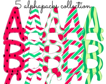 Watermelon Summer Alphabet Collection Faux Applique, Sublimation Design Instant Digital Download AlphaPack Font Stripes Polka Dots Girl Sea
