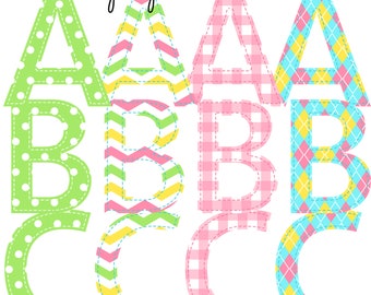 Spring Alphabets Collection Faux Applique, Sublimation Design Instant Digital Download AlphaPack Font Stripes Polka Dots Pattern Easter Girl