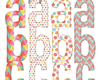 Four Alphabets Complete Collection Faux Applique Instant Digital Download AlphaPack Font Stripes Dots Plaid Preppy Pattern Patch Summer Girl