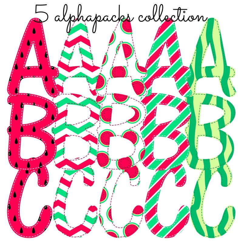 Watermelon Summer Alphabet Collection Faux Applique Sublimation Design Instant Digital Download AlphaPack Font Stripes Polka Dots Girl Sea