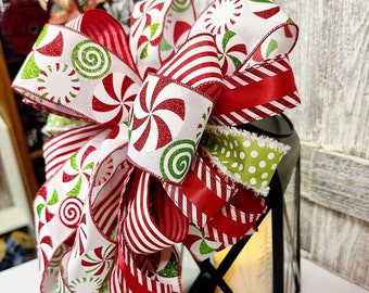 HandMade Peppermint Bow, Candy Christmas Bow for Lantern, Candy Theme Tree topper, Candy Cane theme Bow for Wreath, mailbox or lamp post