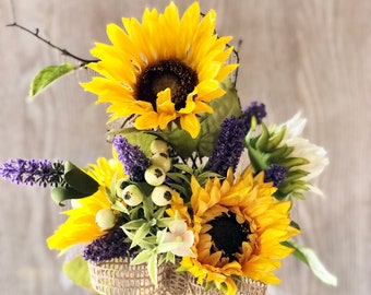 Farmhouse Sunflower Floral Arrangement, Sunflower Farmhouse Accent Decor, Decoupage Mason Jar, Farmhouse Floral Arrangement, Gift for Mom