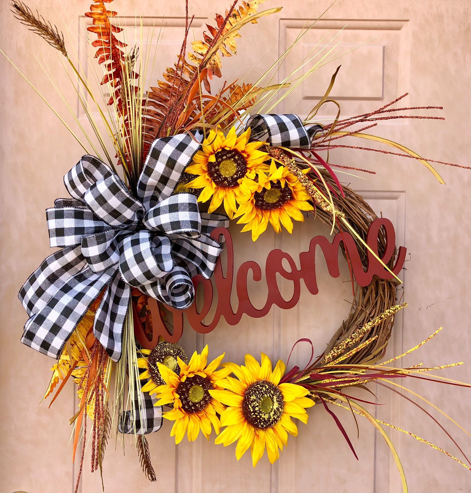 Bright Sunflower Wreath with Large Black and White Buffalo Etsy