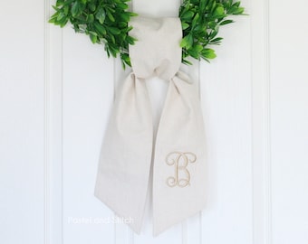 Linen Wreath Sash, Monogrammed Sash, Embroidered Sash, Wreath Wrap, Home Decor, Housewarming Gift, Wedding Party, Farmhouse Decor, Vine