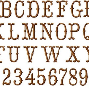 Pu&ograve; includere: Un font alfabeto marrone con lettere maiuscole, numeri e segni di punteggiatura. Il font &egrave; un font decorativo in stile western.