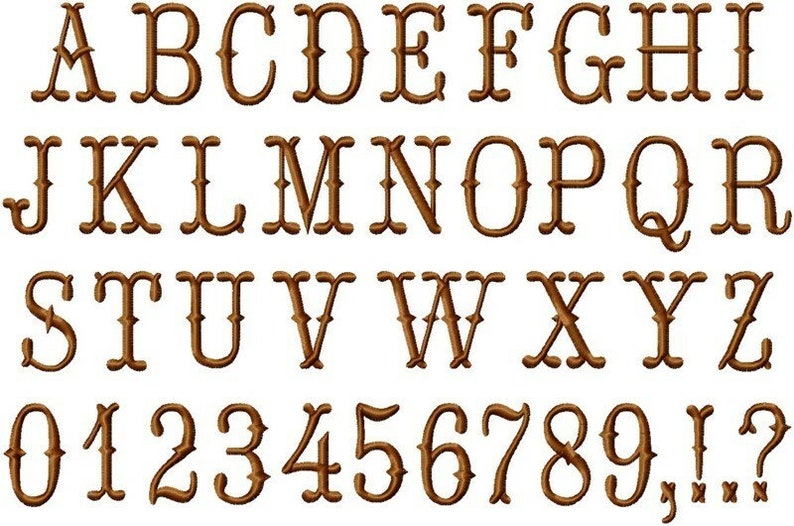 Pu&ograve; includere: Un font alfabeto marrone con lettere maiuscole, numeri e segni di punteggiatura. Il font &egrave; un font decorativo in stile western.