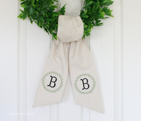 Linen Wreath Sash, Monogrammed Sash, Embroidered Sash, Thanksgiving Decor, Home Decor, Front Door Decor, Housewarming Gift, Wedding Party