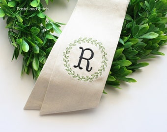 Embroidered Linen Wreath Sash, Leaves Frame Monogrammed Sash, Easter Wreath Wrap, Home Decor, Front Door Decor, Housewarming Gift