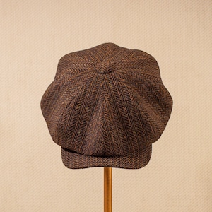 Premium Cashmere Newsboy Cap - Classic Brown Herringbone Bakerboy Hat in Italian Wool- Vintage style of 1920 - Father’s Day Gift