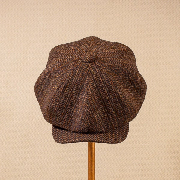 Casquette Newsboy en cachemire premium - Chapeau Bakerboy classique à chevrons bruns en laine italienne - style vintage de 1920 - Cadeau de la fête des Pères