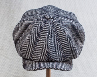 Light GRAY HERRINGBONE WOOL Newsboy Cap, Mid-Width Size Backer boy Hat, Vintage Style of the 1920s