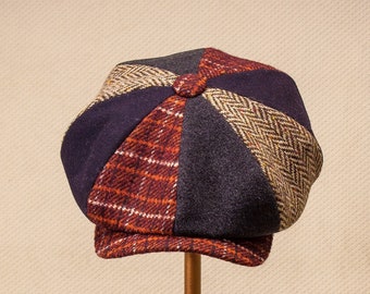 Esclusivo berretto da newsboy MULTICOLORE PATCHWORK TWEED, cappello da panettiere di media larghezza, stile degli anni '20, regalo per la festa del papà