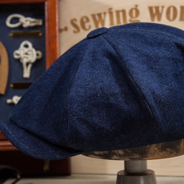 Navy Denim Newsboy Cap with Leather Sweat Band and Visor, Mid-Width Summer Baker Boy Hat, Style of the 1920s, Father’s Day Gift