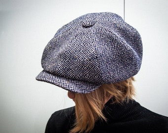 Slouchy Newsboy Cap with Leather Band and Rim BLUE Navy DIAMOND TWEED Wide Crown Baker Boy Hat