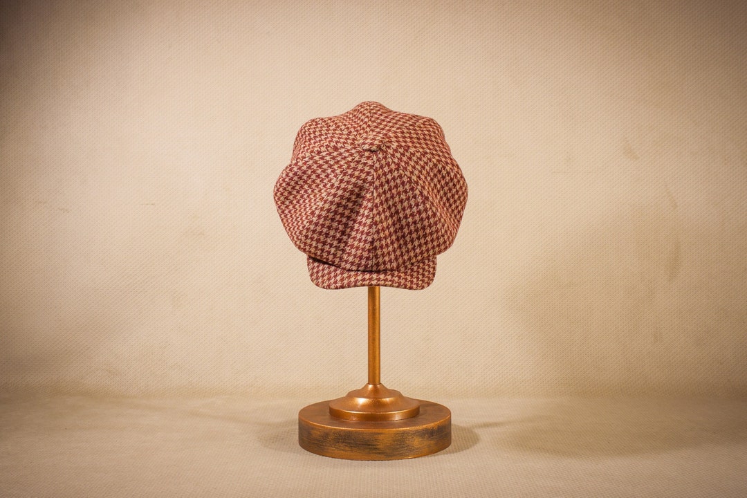 Classic 8panel Newsboy Cap, BURGUNDY DOGTOOTH MOHAIR England Wool, Mid