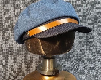 Blue Denim Captain Newsboy Cap with Leather Strap and Visor, Mid-Width Summer Baker Boy Hat, Modern Style of the 1920s, Father’s Day Gift