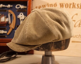 Beige Velvet Newsboy Cap, Mid-Width Crown, Summer Baker Boy Hat, Style and Manufacturing Way of the 1920s Gift for Father's Day