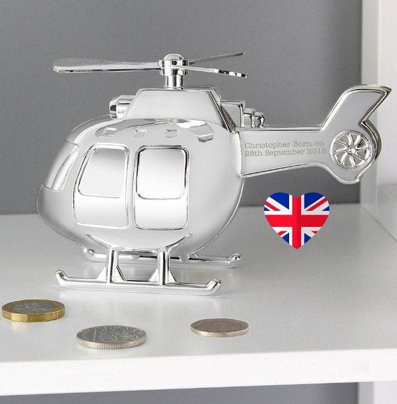 Silver Helicopter Money Box Christening Gifts For Baby Boy Girl Keepsake Present 