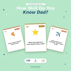 Könnte beinhalten: Kartenspiel "How Well Do You Know Dad?" mit Fragen zu den Vorlieben, der Liebe und den Träumen eines Vaters. Das Spiel enthält 108 Karten, 6 Kategorien und 4 Aktivitäten. Hellgrüner Hintergrund mit blauen Herzen.