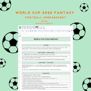 May include: A spreadsheet titled "World Cup 2026 Fantasy Football" with instructions for an Excel-based fantasy league. The document includes rules, scoring, and squad management details for the FIFA World Cup.