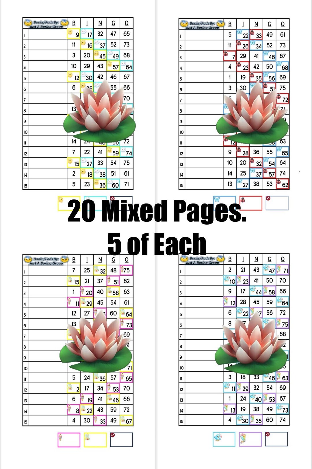 Two Color Bingo Cards, 15 Line Spring Themed, 20 Unique Mixed Sheets ...