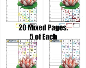 Bingokaarten in twee kleuren, lentethema met 15 lijnen, 20 unieke gemengde vellen (geen duplicaten) + 4 gratis rechte borden, direct downloaden