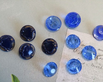 19 Vintage BLUE Glass Buttons    TBU39
