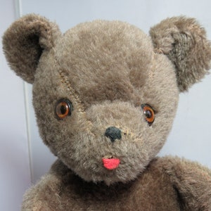 May include: A brown teddy bear with large, round, brown eyes and a pink tongue sticking out. The bear has a stitched seam across its face and a worn, fuzzy texture.