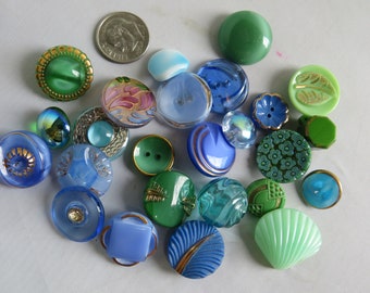 25 Assorted Vintage Blue & Green Glass Button Lot.   WY29